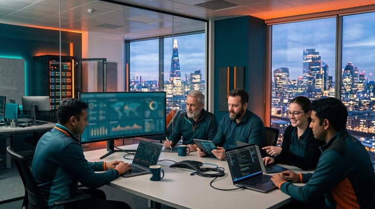 IT team reviewing a monitoring dashboard in a New Jersey office at dusk