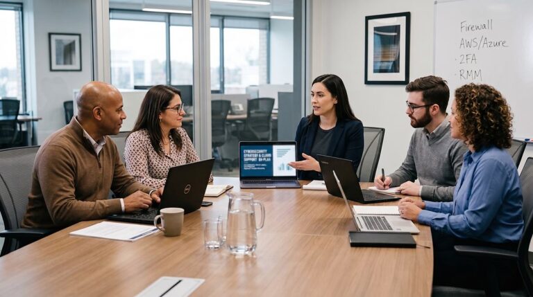 Five colleagues around a conference table reviewing a cybersecurity and cloud support plan on a laptop